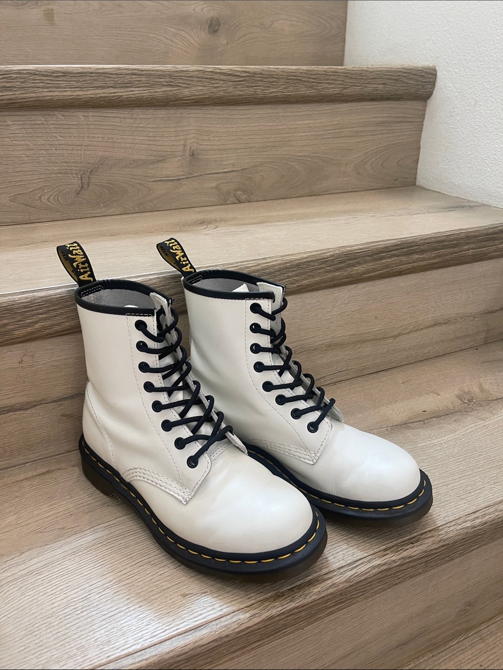 Dr. Martens White Lace-Up 8-Eye Leather Boots with Black Laces